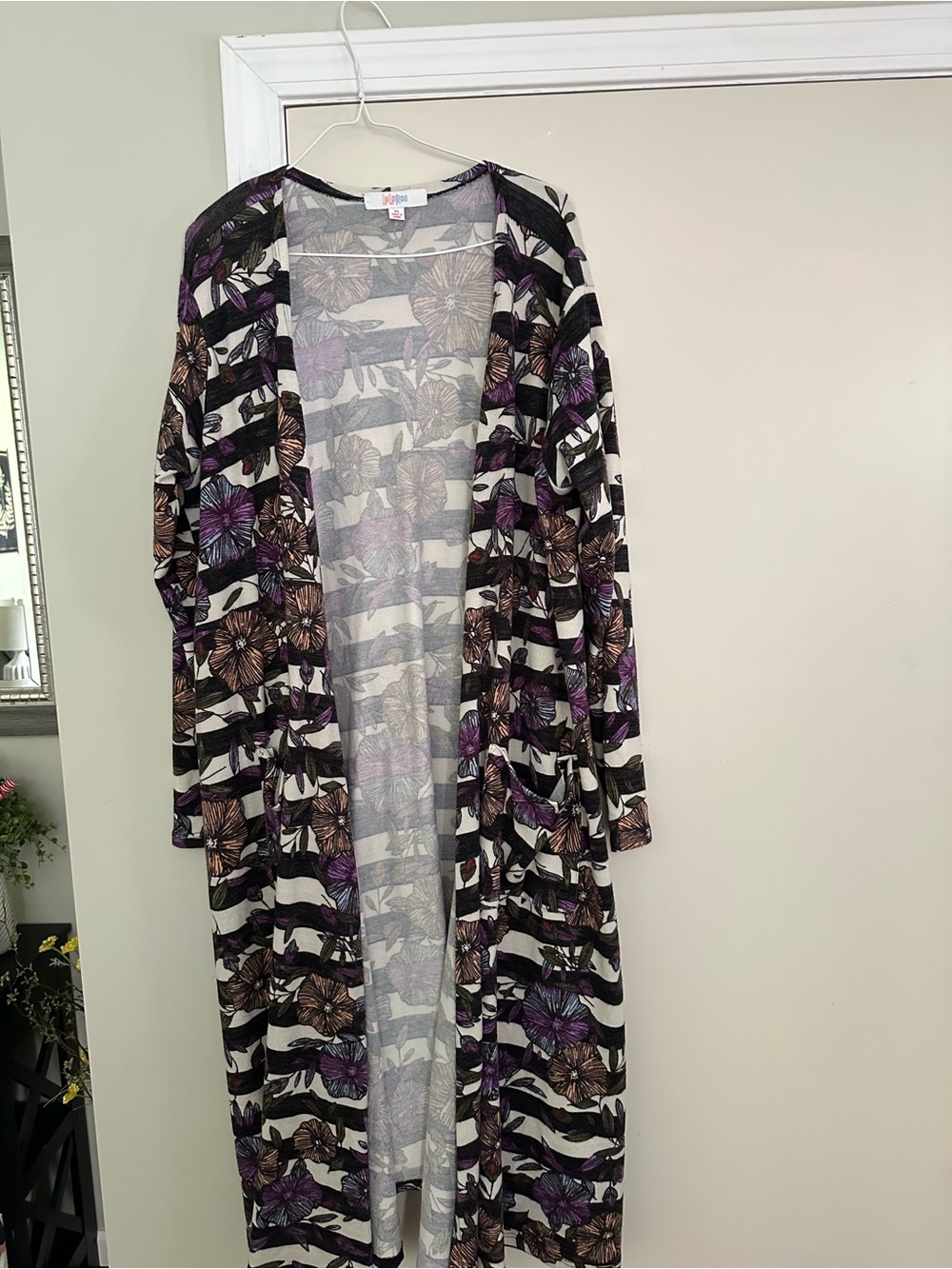 LuLaRoe Floral Stripe Open-Front Cardigan - Purple, Black, Cream